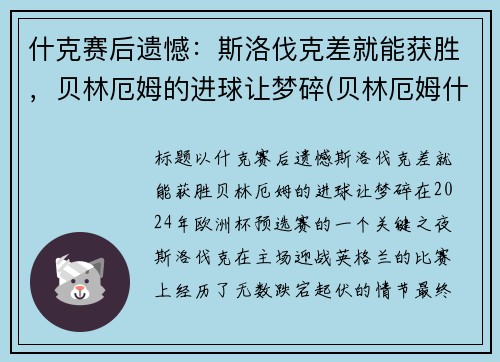 什克赛后遗憾：斯洛伐克差就能获胜，贝林厄姆的进球让梦碎(贝林厄姆什么位置)